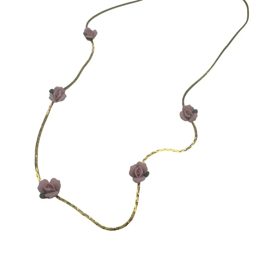 Vintage Gold-Tone Necklace With Pink Rose Accents & Delicate Chain Pre-Owned